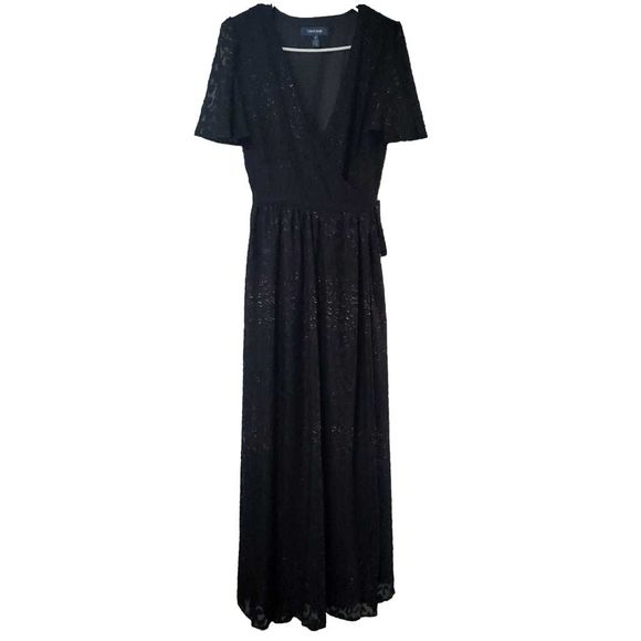 Modcloth Maxi Wrap Dress Size Medium Short Sleeves Gold Embellishment in Black - Picture 2 of 14